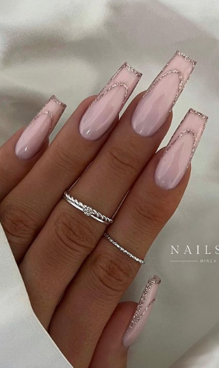 glitter tipped nude pink nails. pink wedding nails coffin shape acrylic.