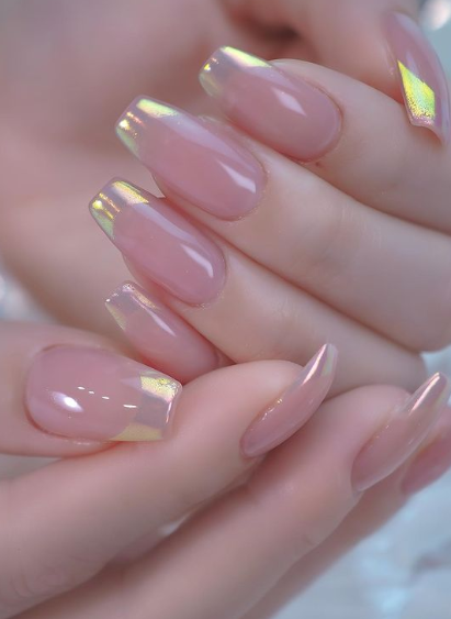 iridescent chrome tipped nails. nude french tipped nails. neutral wedding nails. coffin nude nails
