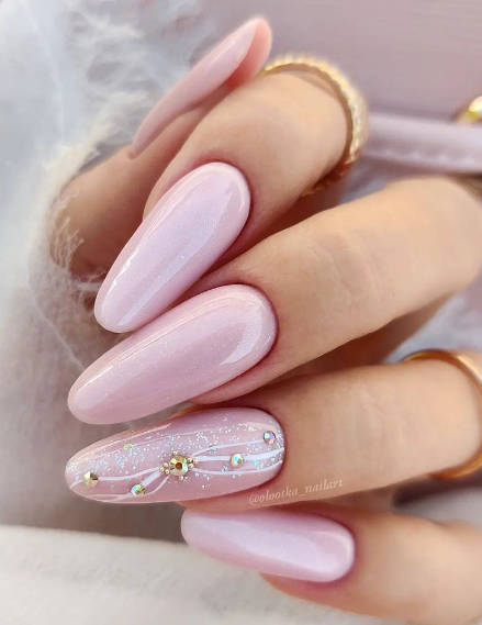 light pink nude nails with crystals. wedding nails. bridal nails.
