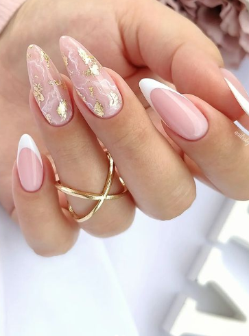 marble nude pink nails. french manicure nude nails. classic neutral nails wedding.