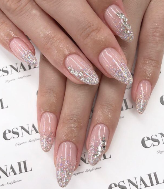 nude glitter nails. glitter nude nails with crystals. bridal nail designs. soft pink nude classic nails.