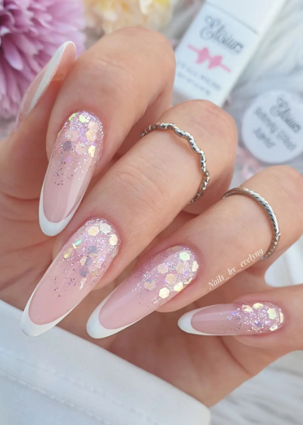 nude glitter nails. pink neutral nails. wedding nude nails. french manicure nails. bridal nails.