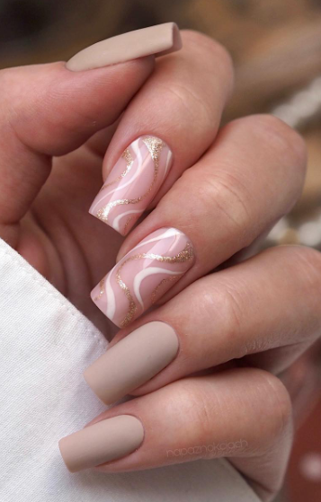 nude nail design ideas. nude pink nails with gold. beige taupe nude nails. nude nails simple acrylic nails