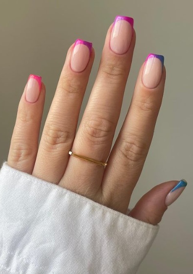 nude nails with coloured french tip. nude nails coffin. nude nails gel acrylic. colourful nail ideas.nude nails trendy