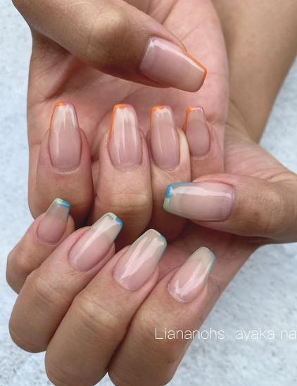 nude nails with coloured tips. nude nails ideas. nude nail designs. nude nails simple. french manicure ideas.