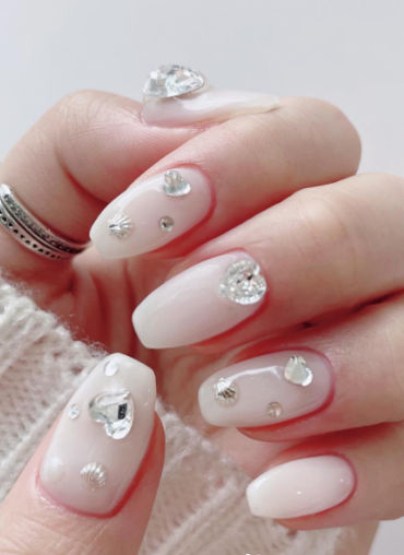 nude wedding nails with crystals. soft pink neutral nails