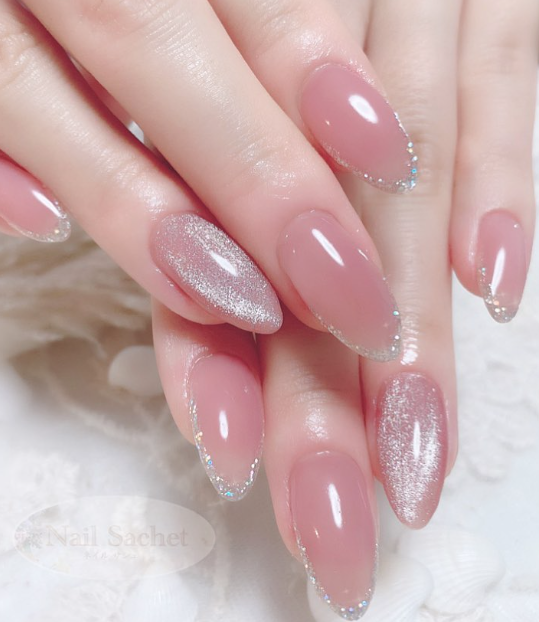 pink glitter nude shimmer nails. nude nails wedding insp. nude nail ideas glam