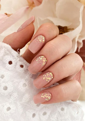 pink nude nails with gold glitter. nude wedding nails. nude acrylic nails neutral