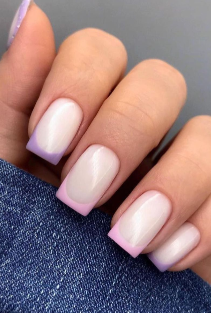 pink purple nude nails coloured tips. french manicure ideas. nude nails trendy simple. pink nude nails.