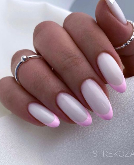 pink tipped nude nails. pink french manicure ideas. nude nails classic simple. almond nude nail designs