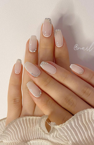 silver tipped nude nails. wedding nails nude coffin. pink minimal neutral nails