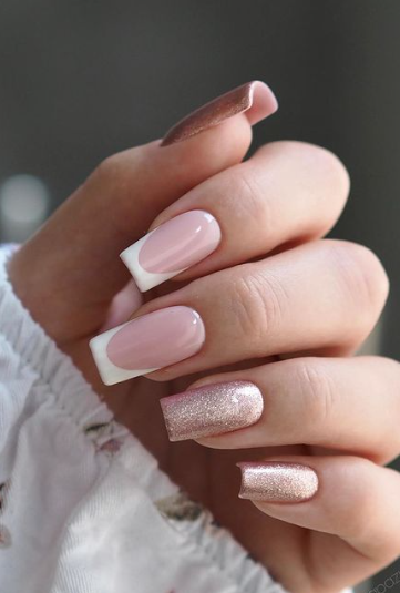 soft pink french manicure. nude nails glitter. nude nails gel acrylic ideas. wedding nude nails