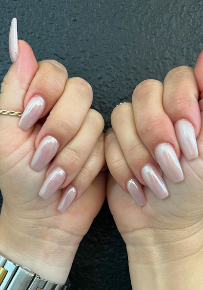 soft pink glazed donut chromatic nails. shimmer wedding nails pink coffin acrylic nails.