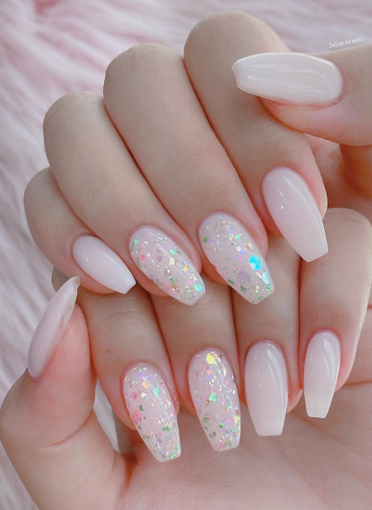 soft pink glitter nude nails. wedding party nails. nude nail ideas. nude nails coffin acrylic.