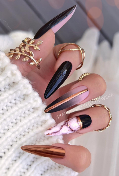 black and copper marble fall nail design. fall nail ideas claws acrylics.