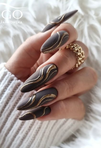 black and gold nail art. fall nails acrylic almond matte. autumn october nails