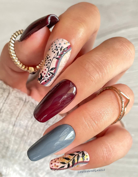 blue and burgundy fall nail art. fall nail designs.