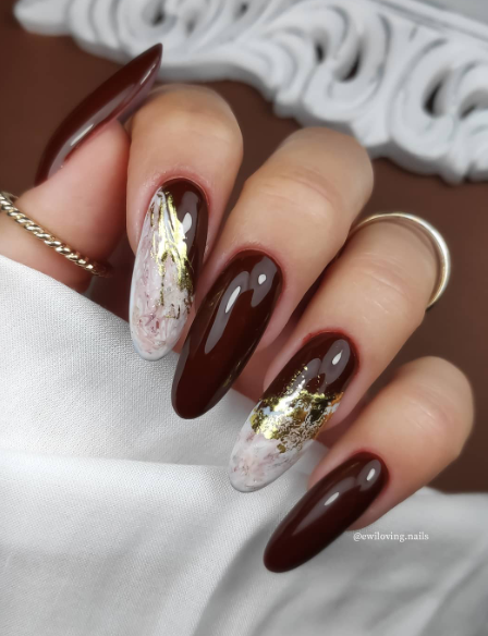 brown and gold fall nail designs. marble fall nails for autum almond.