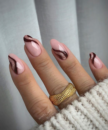 brown and rose gold fall nail design. swirl nails pink autumn fall.