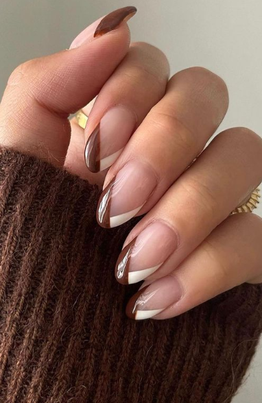 brown and white tipped fall nails. autumn nail designs brown.