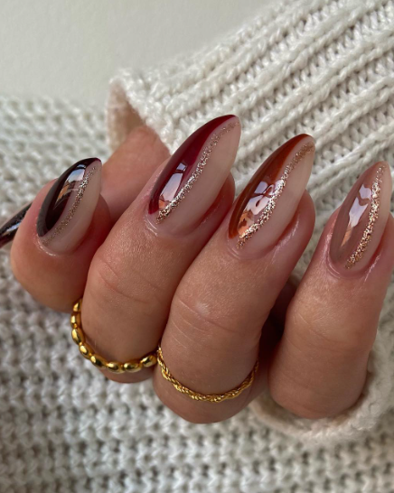 brown nude swirl fall nail art. fall nails designs for autumn acrylic.