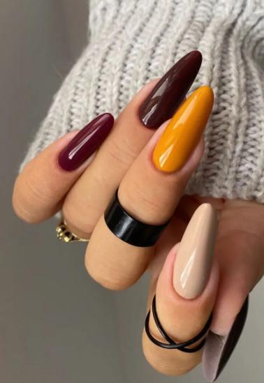 burgundy and yellow october nails simple. fall nail ideas for autumn.