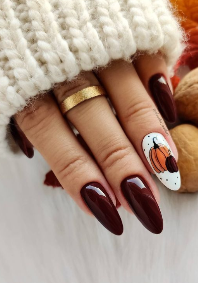 burgundy deep red nails. pumpkin fall nail art ideas. fall nails. autumn harvest nail ideas art.