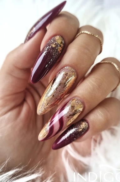 burgundy gold glitter fall nails. october glam nail designs.burgundy gold glitter fall nails. october glam nail designs.
