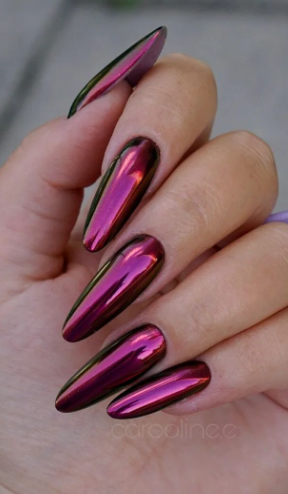 chrome mirror purple fall nails. mirror nails designs almond shape. fuschia fall nails.