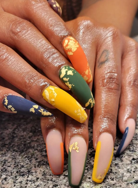 fall colors nail ideas. orange green and yellow autumn nail ideas. fall nails dark skin tone. 