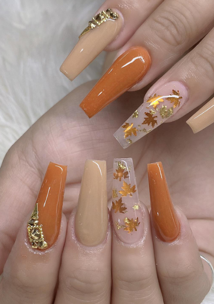 fall leaf nail art. fall orange and beige nails. fall nails long acrylic coffin.fall leaf nail art. fall orange and beige nails. fall nails long acrylic coffin.