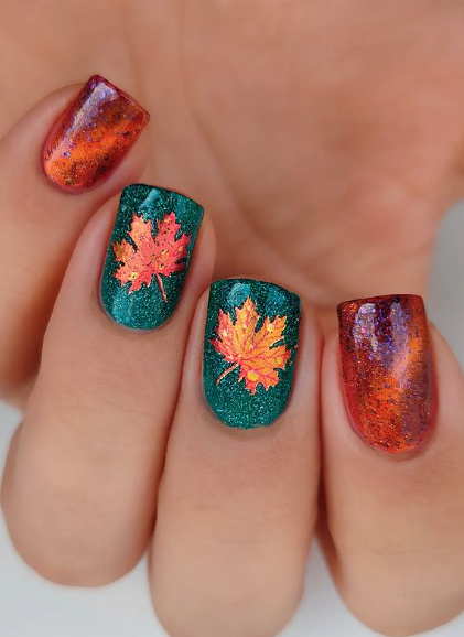 fall nail art with leaf. fall glitter nails designs. fall nails autumn short.