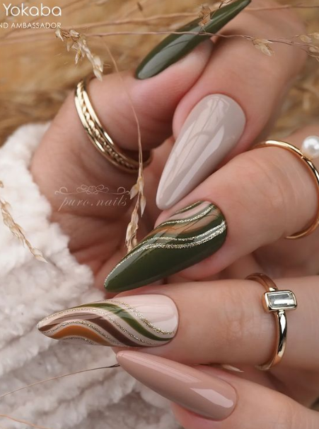 fall nail designs. green striped fall nails almond.