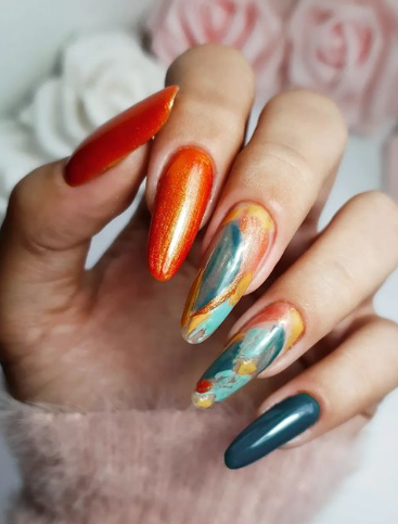 fall orange and blue nail designs. october nails almond acrylic