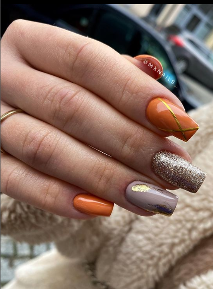 fall orange glitter nails. fall nail art designs square nails.