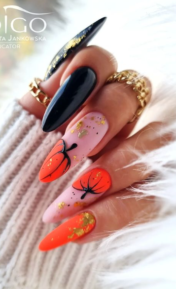 fall pumpkin nail art ideas. fall almond acrylic nails. october nails for autumn.