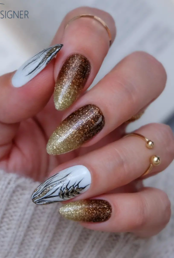 gold wheat fall harvest nail art. october harvest nail ideas. fall glitter nails