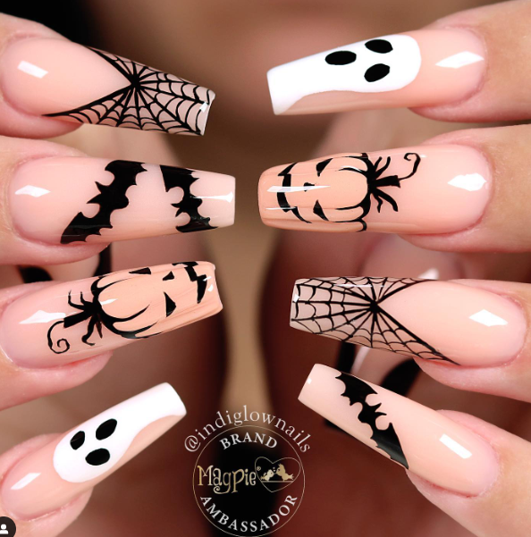 halloween october nail art. spiderweb pumpkin bat nail art for halloween nails.