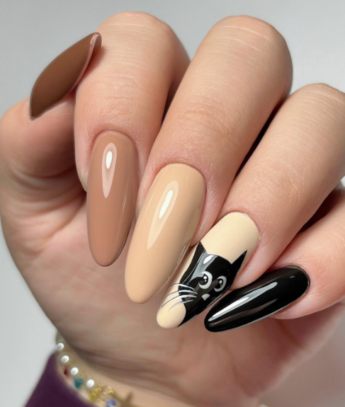 october nude nails simple. halloween black cat nail art. fall nails ideas.