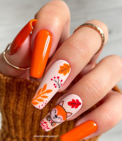 orange fall nail art. fall nail designs with fox. fall nails acrylic