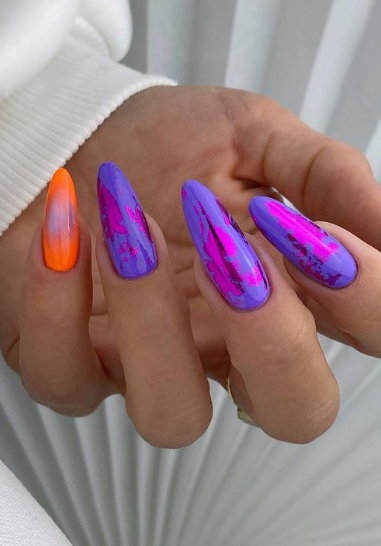 purple and orange fall nails almond. september nails. autumn nails long.