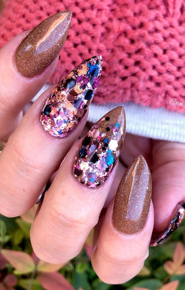 purple glitter fall nails. fall nail design ideas. fall nail art. copper glitter fall nails.