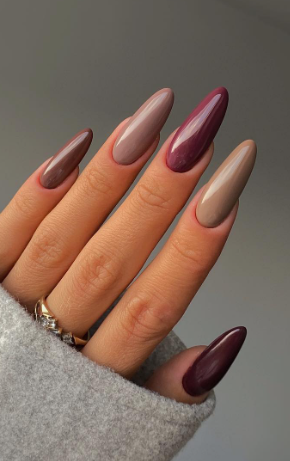 warm purple and burgundy fall nails. simple nails october almond long acrylic.