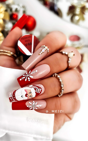 pink and red santa christmas nails designs. winter nail art for christmas acrylic coffin nails.
