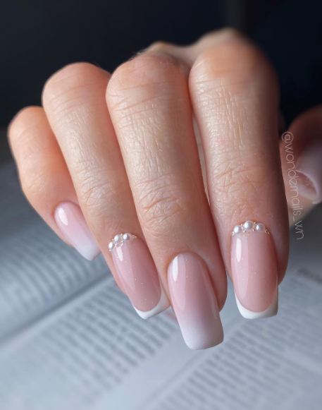 french manicure nails. soft pink wedding nails. bridal nails with pearls. romantic nail ideas.