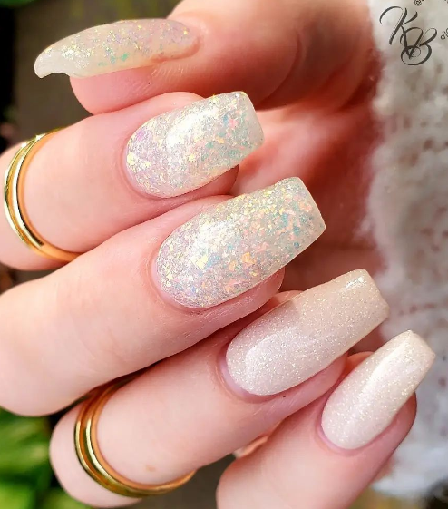 glitter shimmer nude nails. wedding nails glam. bridal nail ideas coffin.