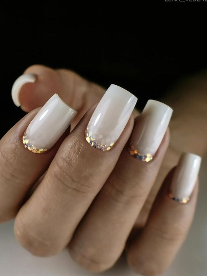 nude wedding nails ivory cream. glitter cuticle nails. bridal nail ideas. trendy nails glam.