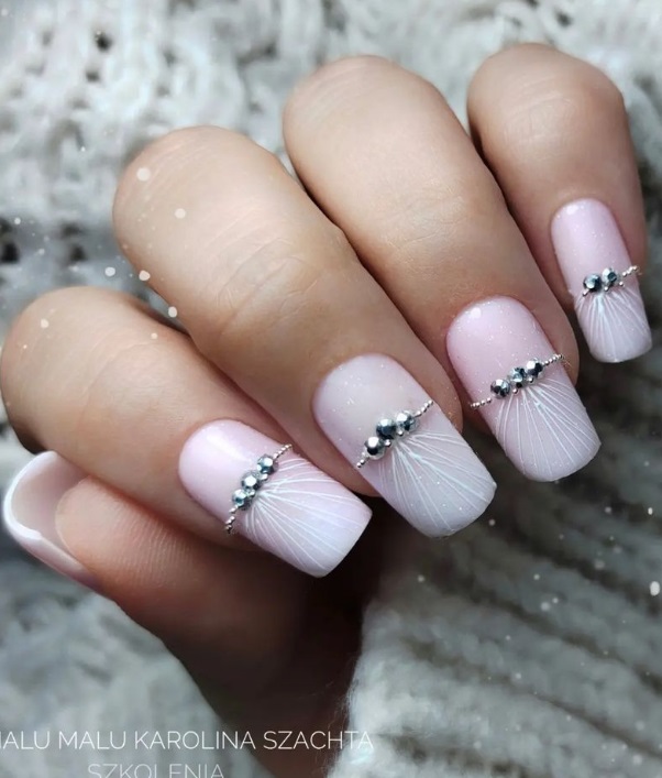 pink bridal nails with crystals. crystal wedding nails pink.