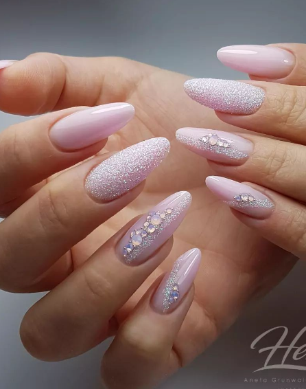 pink nude crystal nails. wedding nails glam. fancy bridal nails. nude minimal nails trendy almond acrylic.