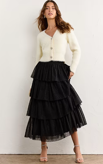 tulle long skirt with sweater outfit. winter fun outfit ideas. xmas christmas party outfits. festive outfit ideas.
